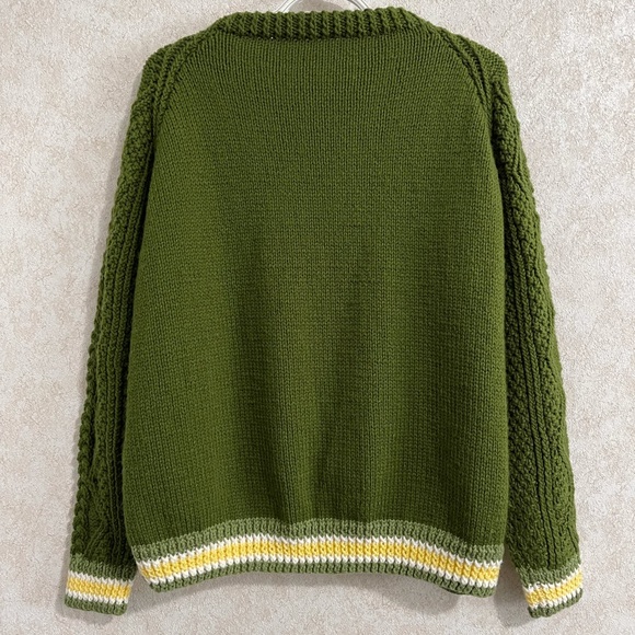 Large Green Cable Knit Sweater with Yellow Accents - Picture 5 of 6